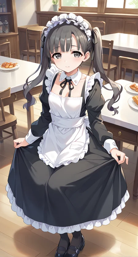 score_9,score_8_up,score_7_up,
official art,official style,game cg,megami magazine,
uncensored,
1girl,
kbykwse miyabinigohoushi,kobayakawa sae,black eyes,black hair,
dress,long hair,alternate costume,apron,black dress,black footwear,black ribbon,
blush,collarbone,detached collar,enmaided,frilled hairband,frills,hairband,
long sleeves,maid,neck ribbon,ribbon,sidelocks,twintails,white apron,
<lora:idolmaster_kobayakawa_sae_pony_v1:1>,