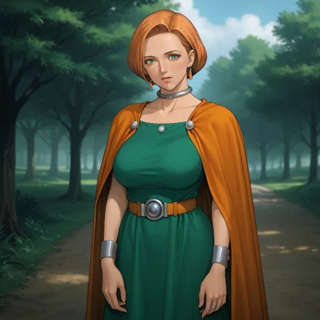 m1lfy5tyl3v1, score_9, score_8_up, score_8, (source_anime), (solo:1.3), (Bianca/(dragon_quest_V/)), (Bianca_Whitaker), (bianca_(dq5)), green dress, orange cape, wrist bands, belt, choker, outdoors, sunny, blushing, busty, curvy, milf, skinny,