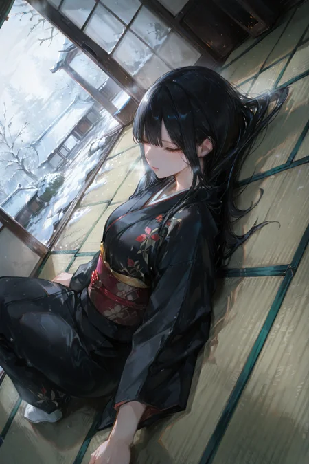 artist:, masterpiece, newest, very aesthetic, very awa, absurdres, highres, 1girl, long straight black hair, looking outside, black kimono, lying on tatami, indoor, on back, sick, exhaust, snowy outside, view from above, dutch angle, hands on ground