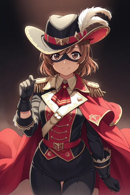 masterpiece, best quality, amazing quality,
<lora:Karen_IL:1> karen, 1girl, solo, hat, gloves, smile, brown hair, mask, short hair, hat feather, black gloves, cape, looking at viewer, epaulettes, brown eyes