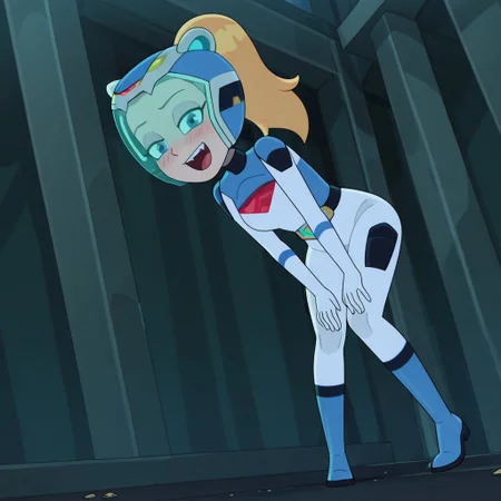 masterpiece,best quality,amazing quality,very aesthetic,absurdres,newest, huge filesize,
highres, absurdres, very aesthetic, high resolution, ultra detailed, perfect details, dynamic angle, Outdoors, bright, sunny
full body, Cenedra, Blonde ponytail, Blue eyes, Gotron bodysuit,Blue Gotron bodysuit, Gotron helmet, Gotron helmet, 1girl,solo,
 standing, leaning forward, v arms, (looking at viewer:1.5), from below, (narrowed eyes:1.3), smile, \:d,fangs, blush,