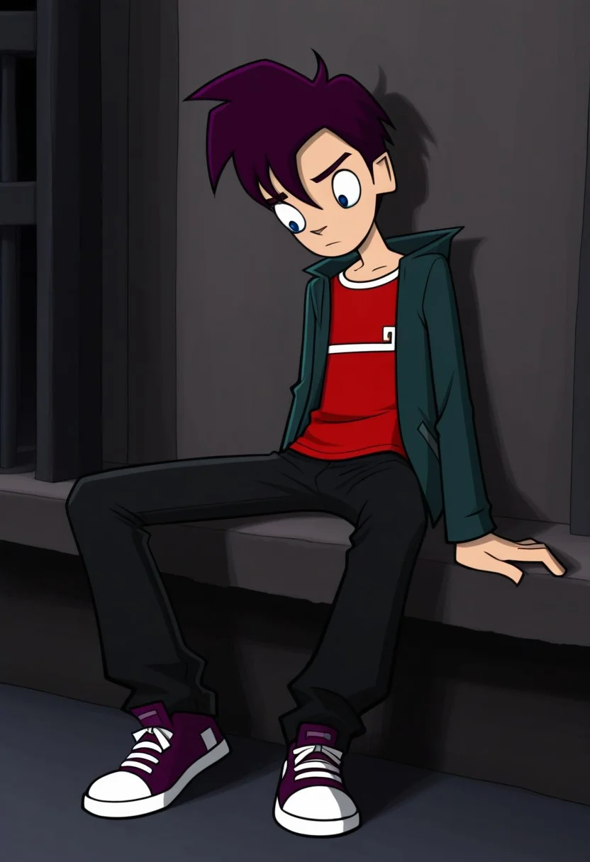 masterpiece,best quality,amazing quality,
RandyCunningham, 1boy, male focus, solo, blue eyes, purple hair, shirt, red shirt, jacket, green jacket, open jacket, pants, black pants, shoes, sneakers, purple footwear,
sitting,