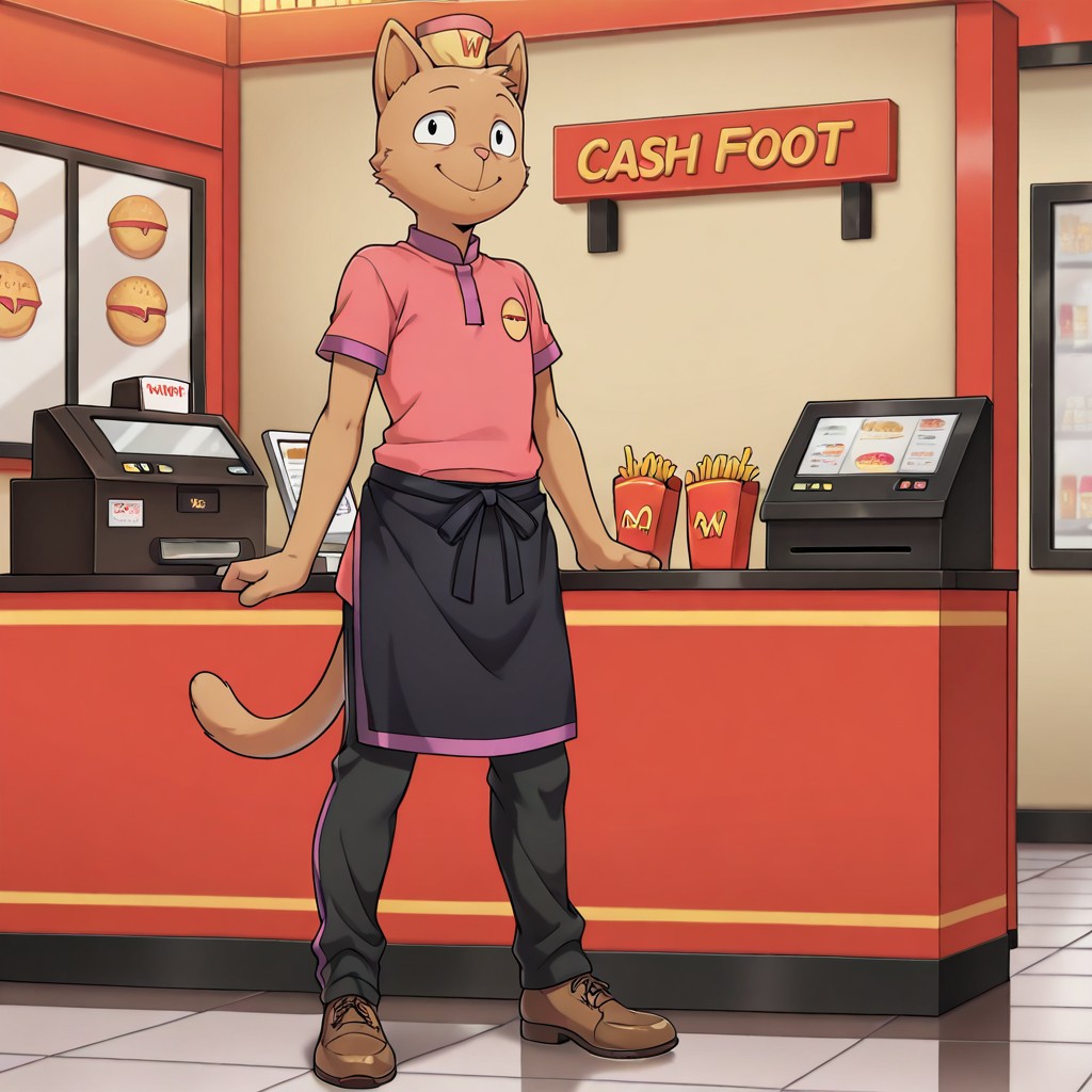 masterpiece, best quality, amazing quality, official style,  burg3rp4nts, male, furry male, solo, cat, brown fur, black eyes, pink nose, pointed ears, tail, yellow hat, pink shirt, black apron, purple trim, black pants, brown shoes, standing, smile, behind counter, cash register, indoors, fast food restaurant