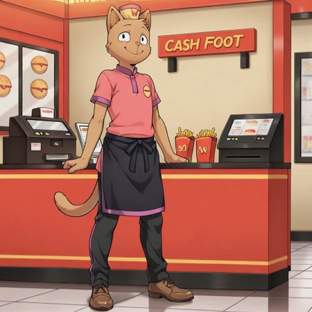 masterpiece, best quality, amazing quality, official style,  burg3rp4nts, male, furry male, solo, cat, brown fur, black eyes, pink nose, pointed ears, tail, yellow hat, pink shirt, black apron, purple trim, black pants, brown shoes, standing, smile, behind counter, cash register, indoors, fast food restaurant