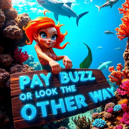 intricate photo, anatomical correct beautiful mermaid with large eyes swimming under sea in the colorful coral reef, holding a big sign on which is written "Pay Buzz or look the other way", text in blue neon lettern on wooden ground, extra heavy bold letters, modern display font style, colorful, light rays penetrate the water surface, background colorful coral reef, sharks, plants, aidmatextimprover