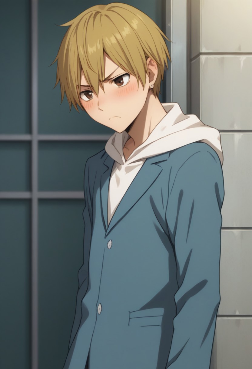 score_9, score_8_up, score_7_up, source_anime, highly detailed, 
masaomi, 1boy, male focus, solo, blonde hair, short hair, hair between eyes, brown eyes, school uniform, jacket, blue jacket, hoodie, white hoodie, hood, frown, blush, jewelry, earrings,
outdoor,