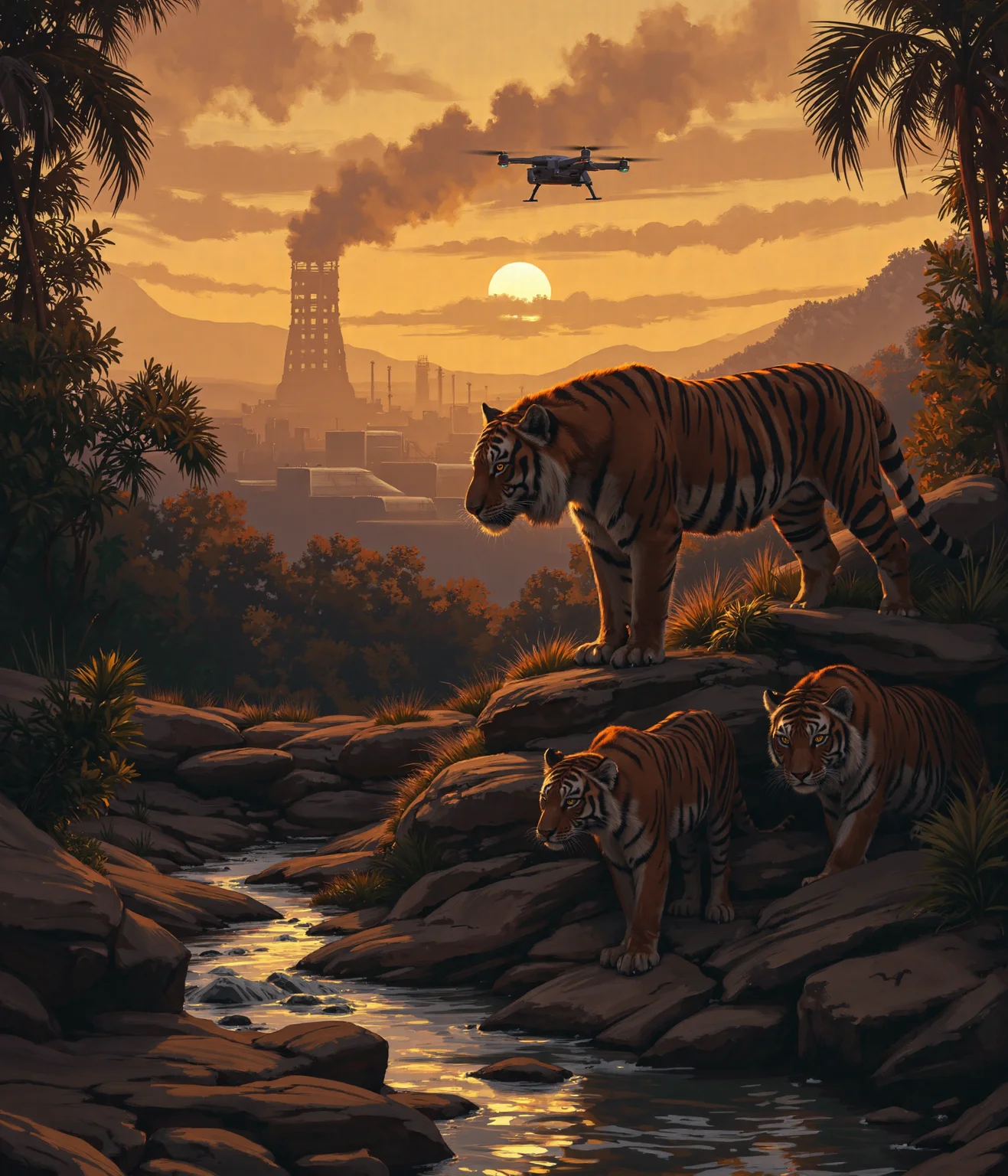 Beneath the golden light of a dying sun, three tigers stand as silent sentinels of a world slipping away. Their den, once a sanctuary deep in the jungle, now lies in the shadow of a relentless industrial invasion. Smoke rises in thick, curling plumes from the factory in the distance, its skeletal towers clawing at the sky, tearing into the land that once belonged to them. The river, which once mirrored the heavens in its crystalline depths, now runs thick with chemical waste, its surface shimmering with a sickly iridescence. Overhead, an unfeeling drone hovers, its cold mechanical eye locked onto them, reducing the last great beasts of the wild to mere data. 

At the forefront stands the male tiger, a magnificent creature of sheer power and untamed beauty. His broad shoulders ripple with muscle, and his thick, flowing mane—a rarity among his kind—catches the last golden light, each strand a testament to the strength of his lineage. His amber eyes burn with defiance as he lifts his gaze toward the drone, the artificial intruder dissecting his very existence with a lifeless stare. His breath is slow, steady—he does not run. He does not cower. He simply watches, daring the machine to look upon him and understand what it has come to destroy.

To his left, a tigress crouches low against the withering jungle undergrowth. Her sleek, battle-hardened body is coiled with tension, her muscles taut beneath her striking orange and black pelt. Her ears flick at the distant roar of machines, her sharp eyes flickering between the drone above and the poisoned river below. A soft growl rumbles in her throat, a sound both protective and mournful. She remembers when the air was filled with the scent of fresh rain and earth, not the acrid tang of steel and smoke.

Partially concealed within the den’s darkened entrance, the eldest tigress lingers like a specter of the past. Her once-flawless coat bears the marks of countless battles—not just against prey, but against time, hunger, and the encroachment of man. Scars lace her form, silent records of a world that no longer belongs to them. Her gaze drifts past the factory, beyond the fading jungle, to where the land once stretched unbroken and free. She does not need to see the future to know what is coming—she has already felt it in the quiet disappearance of the herds, in the strange hum of machines replacing the songs of the forest.

The composition of this piece is breathtaking, an emotional contrast of power and vulnerability. The warm, golden hues of the tigers' fur stand against the lifeless grays and metallic tones of the factory. Smoke and sunlight intertwine in the sky, a battle of nature versus progress. The river, both beautiful and tragic in its shimmering toxicity, winds like a dying vein through the heart of this fractured world. The drone, a symbol of human detachment, looms overhead—watching, recording, but never truly seeing.

This is more than a depiction of endangered creatures. This is a moment in time, a visual elegy for all that is being lost. The tigers stand together, not just as individuals, but as a fading lineage—an echo of a wildness that once roamed without boundaries. In this frozen moment, they remain majestic, untamed, unbroken. But for how much longer?  

cinna flow, Simon Stalenhag Style