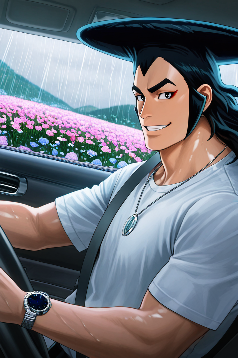 realistic shading, natural lighting, male focus, looking at viewer, expressive happy face, kouzuki oden, black-bluish green_kouzuki oden_male long hair, black_kouzuki oden_eyes, red_kouzuki oden_makeup, 1boy, parted lips, smiling, shiny skin, driving, seatbelt, boyfriend cosplay, plain white shirt, necklace, wristwatch, car interior, raining outdoors, flower field, from side, dutch angle, dynamic angle, dynamic action, atmospheric perspective, cinematic, intricately detailed illustration, depth of field, masterpiece, best quality, amazing quality, very aesthetic, absurdres, newest, anime screencap