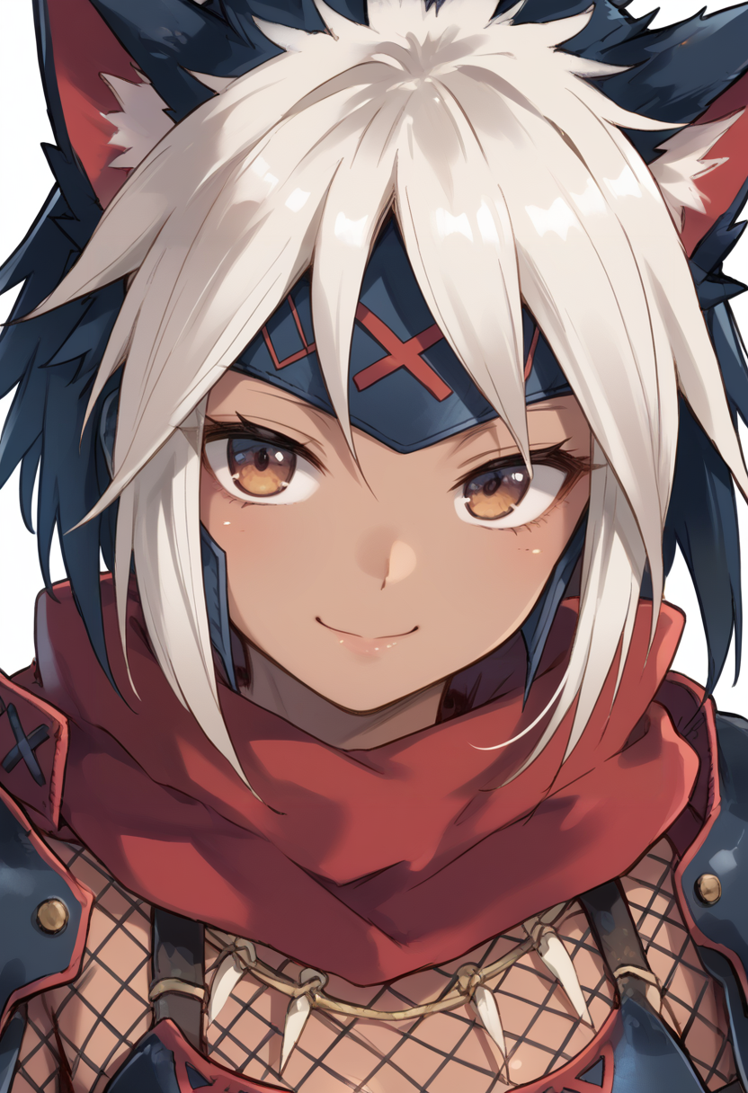 (score_9:0.9),score_8_up,score_7_up,rating_safe,anime style,(zPDXL),<lora:Silverwind Nargacuga armor ponyXL v1:0.79>,1girl,silverwind nargacuga armor,red scarf,solo,smile,black cat ears helmet,looking at viewer,1girl,white background,simple background,closed mouth,portrait,dark-skinned female, fishnets,