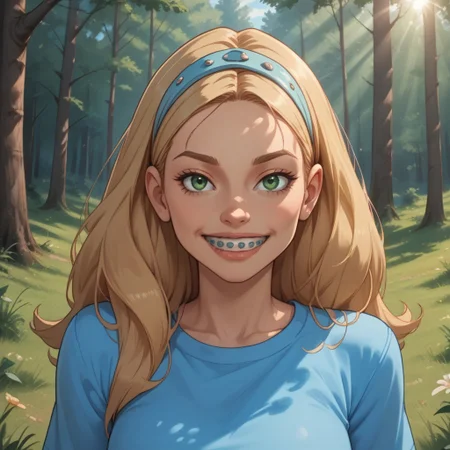 score_9, score_8, BREAK, solo, Sharon_Spitz_(Braceface), long hair, blonde hair, green eyes, blue hairclip, silver braces, blue crop top, midriff, navel, blue denim jeans, sandals, self portrait, smile, looking at viewer, outdoors, sunlight, shadows, evening lighting, natural lighting, forest, trees, grass, orange sky, sunset