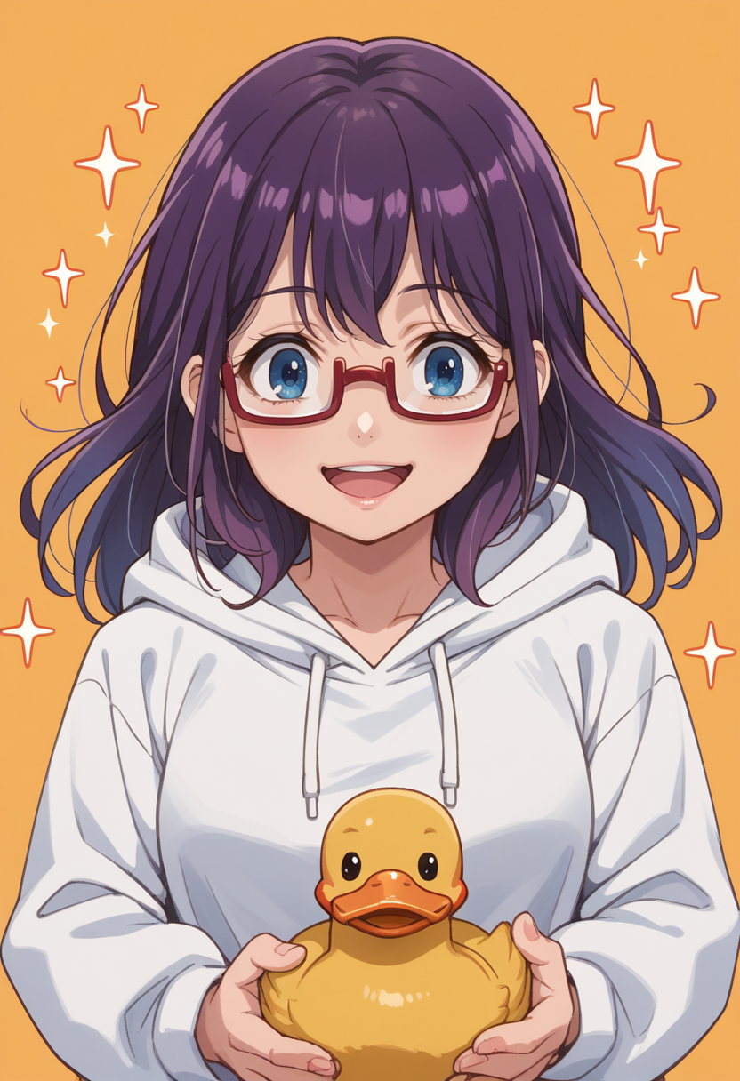 score_9, score_8_up, source_anime, 1girl, solo, TaekoNagafuji, long hair, glasses, white hoodie, from above, excited, sparkles, smile, open mouth, duck, holding animal, <lora:ChamTaekoNagafujiPonyXL:1>