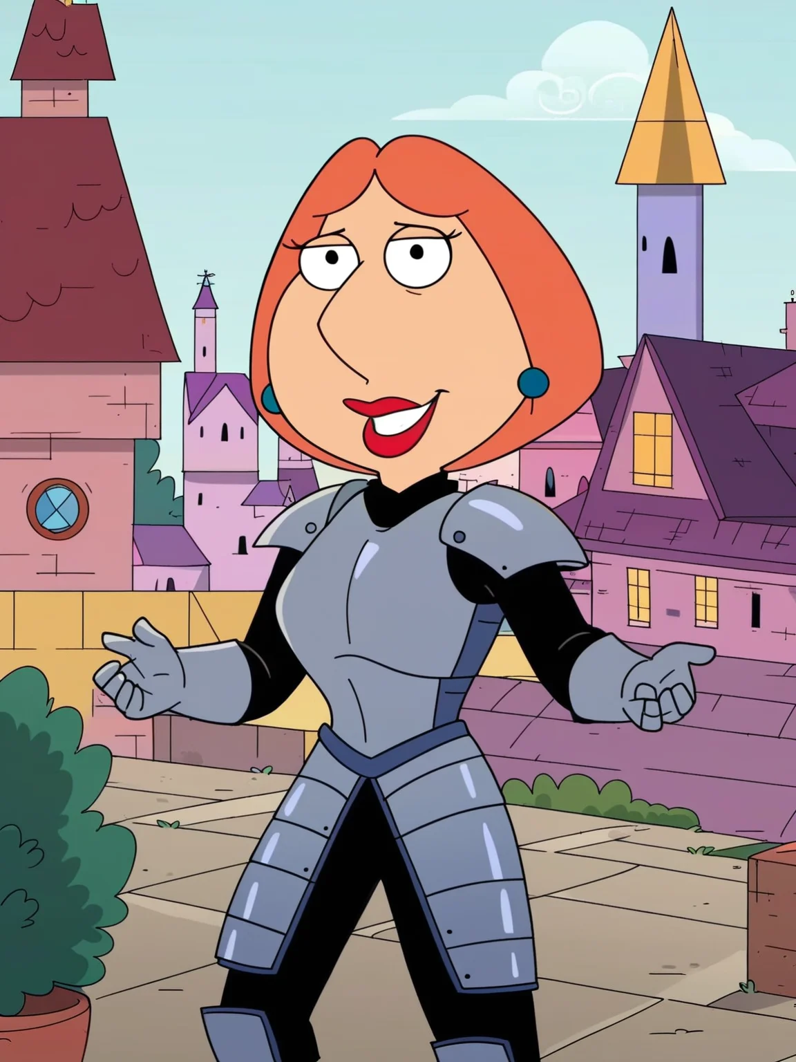 <lora:Lois:0.8> lo_s, 1girl, bright orange hair, bob hair, black eyes, big pointy triangular nose, blue pearl earrings, red lipstick,
((golden knight armor)), castle background, score_9, score_8_up, score_7_up,