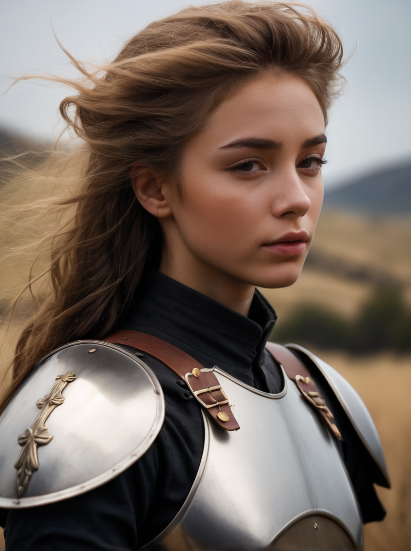 A portrait photograph of Amanda_Larsson_P_MXAI_SDXL , wearing full plate armor, in a battlefield, windblown hair, smudges, dirt, windblown hair,, (((Ultra-HD-details, Ultra-HD-detailed, Ultra-HD-realistic, Ultra-HD-photo-same-realistic-quality-details))), SK_CINEMATIC, ziprealism
