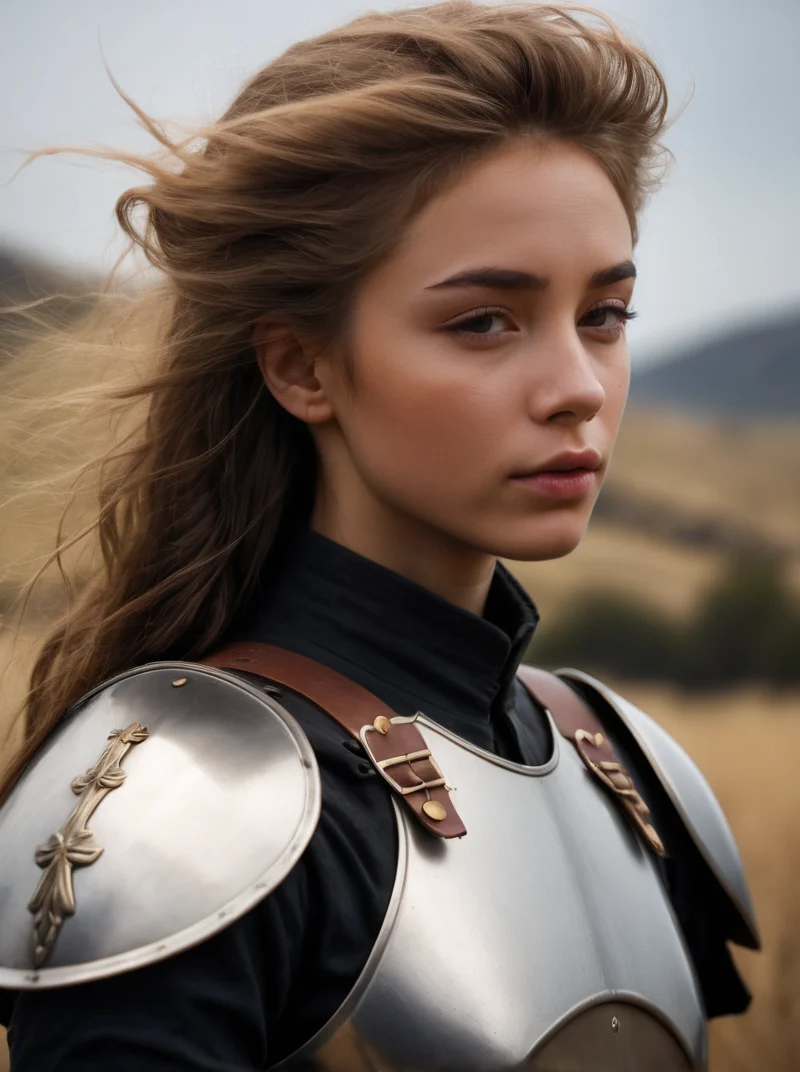 A portrait photograph of Amanda_Larsson_P_MXAI_SDXL , wearing full plate armor, in a battlefield, windblown hair, smudges, dirt, windblown hair,, (((Ultra-HD-details, Ultra-HD-detailed, Ultra-HD-realistic, Ultra-HD-photo-same-realistic-quality-details))), SK_CINEMATIC, ziprealism