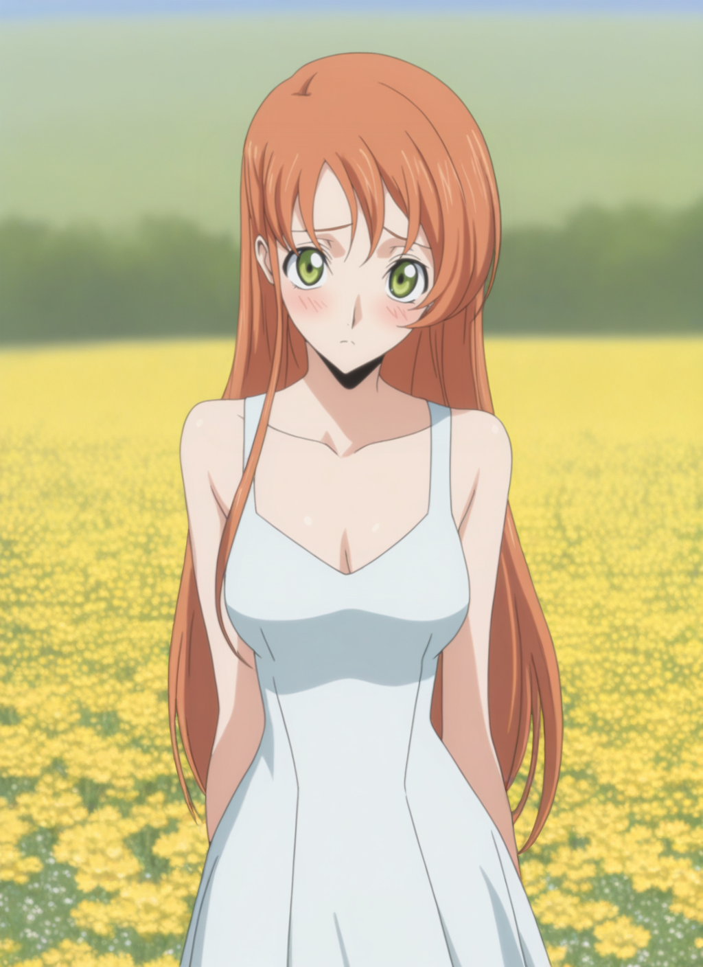 masterpiece, best quality, newest, absurdres, highres, cdgs, 1girl, Shirley, white fancy dress, blush, looking at viewer, green eyes, orange hair, flower field, detailed, <lora:Code_Geass_Style_Illustrious:1.0>