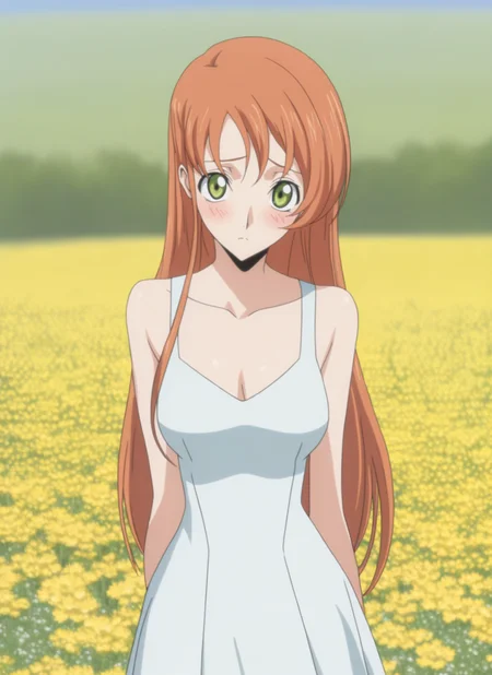 masterpiece, best quality, newest, absurdres, highres, cdgs, 1girl, Shirley, white fancy dress, blush, looking at viewer, green eyes, orange hair, flower field, detailed, <lora:Code_Geass_Style_Illustrious:1.0>
