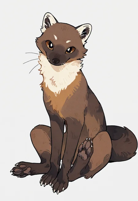 best quality, masterpiece, newest, absurd res, hi res, very awa, (pine marten:1.1), (juanmao1997:0.7), (norakura \(nr kura\):0.7), (akai sashimi:0.7), (ask \(askzy\):0.4), feral, male, slim, long body, countershade neck, no sclera, light eyebrows, whiskers, hindpaw, pawpads, solo, looking at viewer, smirk, sitting, animal focus, simple background, watercolor, (sketch, lineart:0.6),