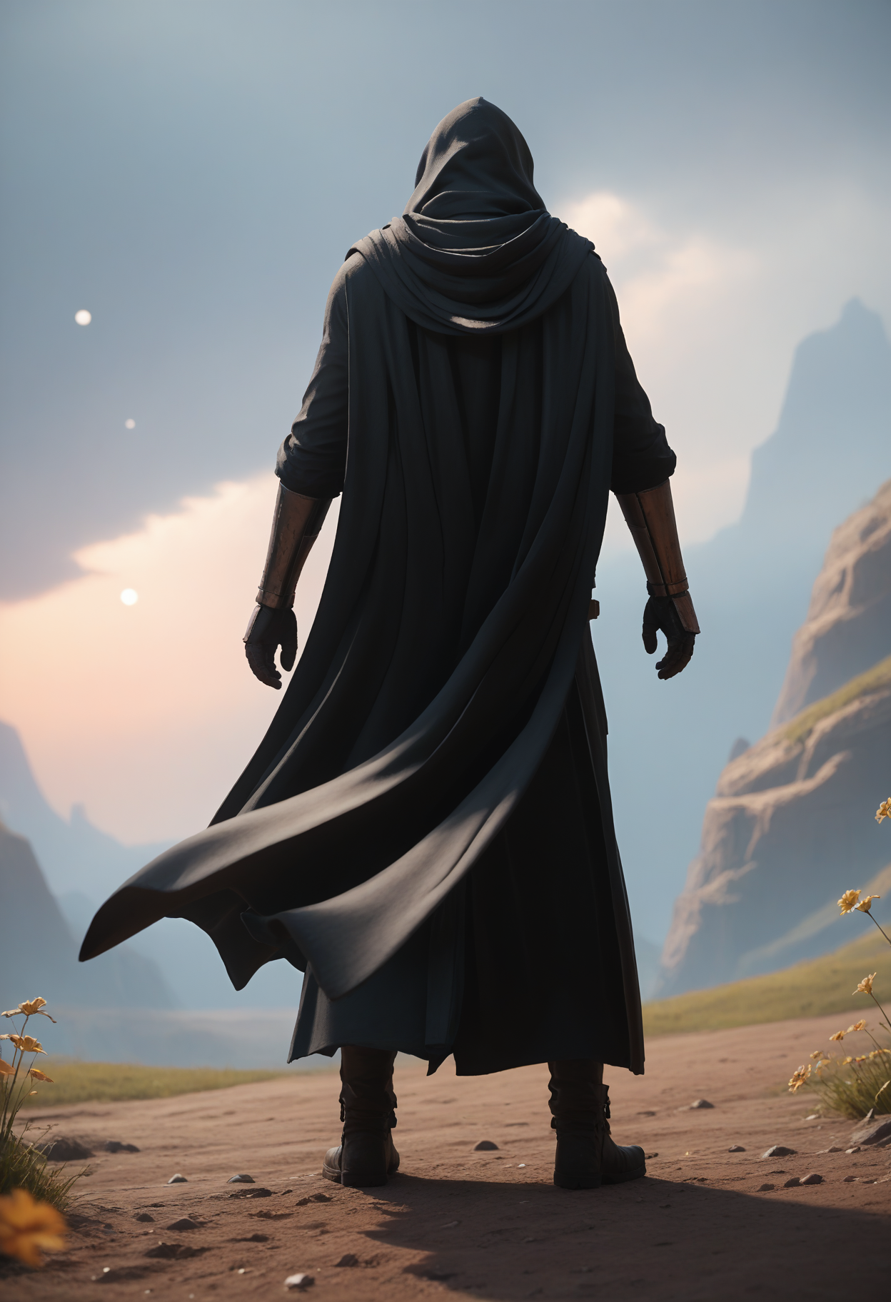 score_9, score_8_up, score_7_up,
1boy, solo,
star wars, scenery, wind,
standing,
facing away,
cowboy shot, from behind, dutch angle, depth of field,
<lora:Dark_RevanArmor_Pony:0.7> d4rkr3v4n4rm0r, black robe, cape, hood up, breastplate, gauntlets, belt, belt boots,