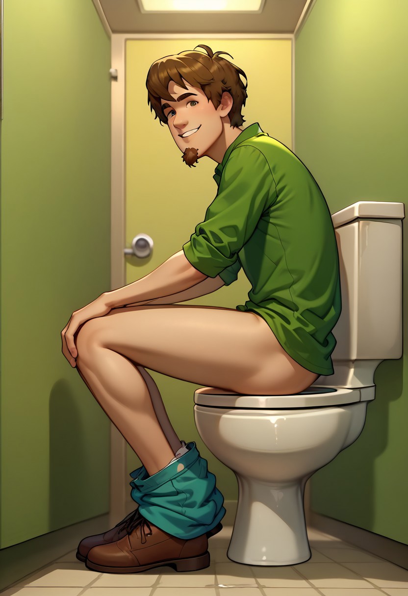 score_9, score_8_up, score_7_up, ShaggyRoggers, 1boy, solo, goatee, brown hair, bottomless, green shirt, slight smile at viewer, sitting, in a subway restaurant, from side, hands on knees, friendly greeting toward viewer,  sit, subway restroom, (toilet stalls:1.6), bare ass sitting on the toilet, indicating he has a stomach ache, full body, having massive diarrhea from eating too much subway, farting loudly from the toilet, sighs in relief while defecating, liquid diarrhea in the toilet, (toilet use:1.6) leaning forward, pooping on the toilet, elbow on knees, crossing hands, diarrhea, high quality, masterpiece, newest, latest full body, farting while pooping, relaxed while defecating on the toilet, resting elbows on knees sit pose, fart, farting, pooping, poot, pffttt! fart effect onomatopoeia , farting on toilet, relaxed, relief, view from side, toilet, emphasis on his sideview of his butt on the toilet, sexy sideview, <lora:sdxl_lightning_8step_lora:1>OverallDetailed<lora:sdxl_lightning_8step_lora:1> <lora:detail:1><lora:Smooth Anime:1>