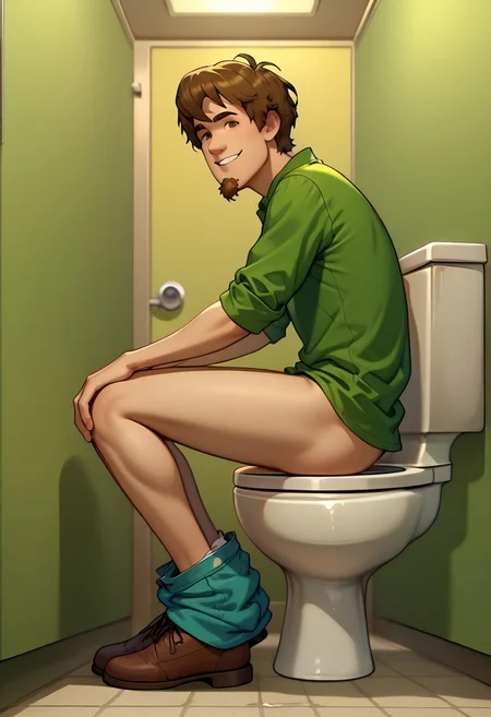 score_9, score_8_up, score_7_up, ShaggyRoggers, 1boy, solo, goatee, brown hair, bottomless, green shirt, slight smile at viewer, sitting, in a subway restaurant, from side, hands on knees, friendly greeting toward viewer, sit, subway restroom, (toilet stalls:1.6), bare ass sitting on the toilet, indicating he has a stomach ache, full body, having massive diarrhea from eating too much subway, farting loudly from the toilet, sighs in relief while defecating, liquid diarrhea in the toilet, (toilet use:1.6) leaning forward, pooping on the toilet, elbow on knees, crossing hands, diarrhea, high quality, masterpiece, newest, latest full body, farting while pooping, relaxed while defecating on the toilet, resting elbows on knees sit pose, fart, farting, pooping, poot, pffttt! fart effect onomatopoeia , farting on toilet, relaxed, relief, view from side, toilet, emphasis on his sideview of his butt on the toilet, sexy sideview, <lora:sdxl_lightning_8step_lora:1>OverallDetailed<lora:sdxl_lightning_8step_lora:1> <lora:detail:1><lora:Smooth Anime:1>
