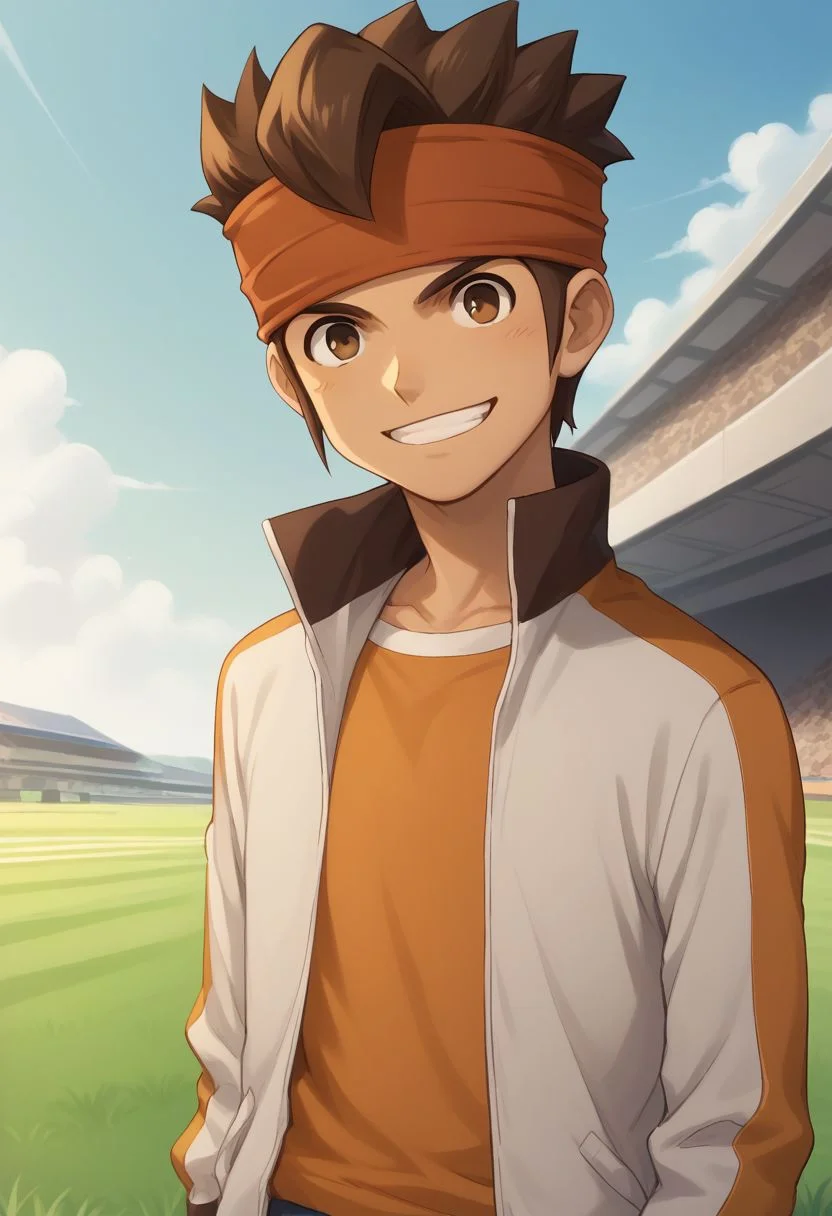score_9, score_8_up, score_7_up, source_anime, highly detailed,
endou, 1boy, male focus, headband, solo, brown hair, brown eyes, jacket, pants, open jacket, track jacket, orange shirt, blue pants, upper body, smile, grin,
outdoor, grass, sky,