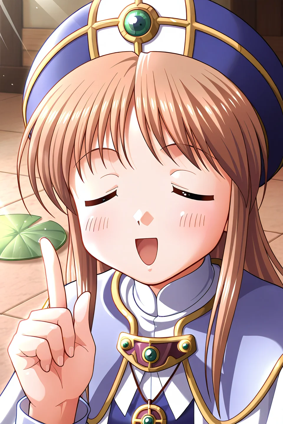 masterpiece, best quality, absurdres, official art, official style, rating general BREAK <lora:sylphycloud_IL_v1-1:0.7>, sylphy cloud, 1girl, solo, blue eyes, brown hair, long hair, bangs, flat chest, priest, hat, blue headwear, gem, brooch, turtleneck, pendant, layered capelet, light purple capelet, white capelet, robe, blue dress, long sleeves, upper body, close-up, indoors, cross, sunlight, lily pad, portrait, scenery,
blush, :d, ^o^, = =, closed eyes, doyagao, facing viewer, meme, open mouth, parody, pointing up