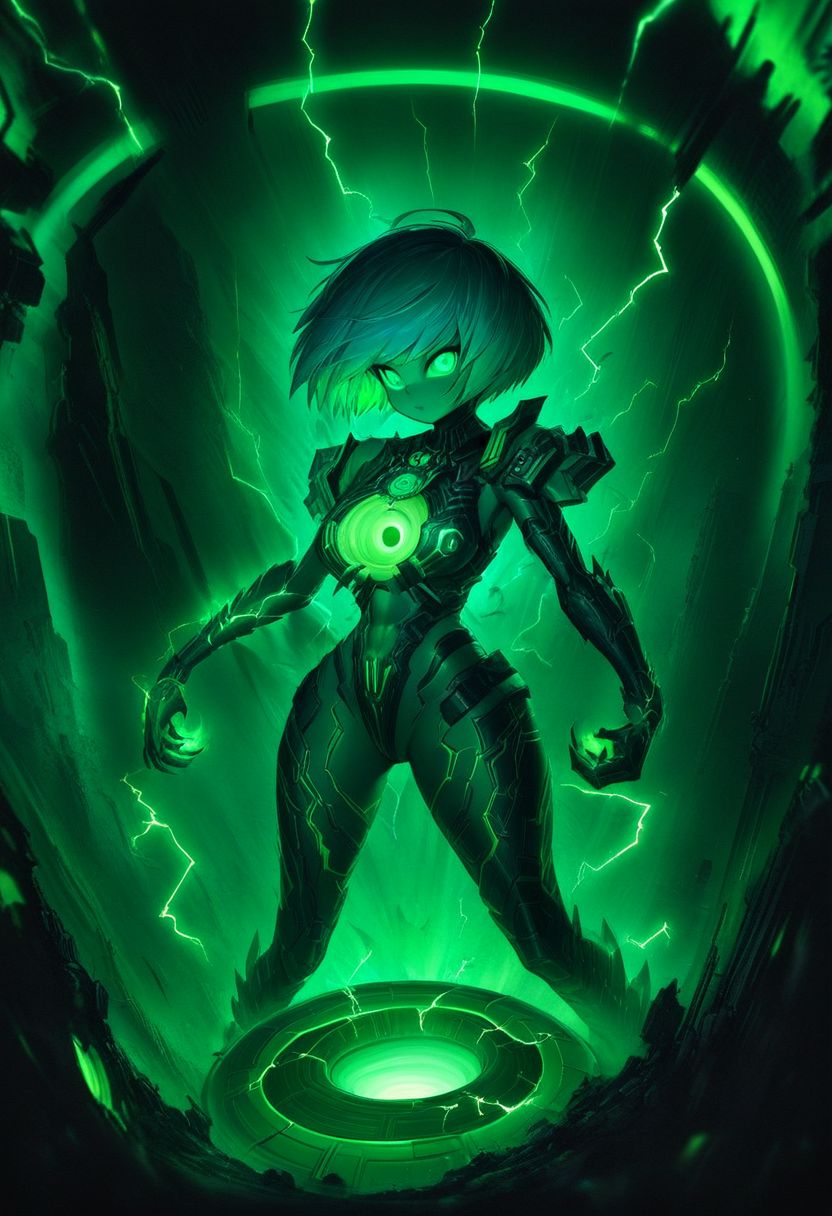 ((masterpiece,best quality)),
Necron, scifi, blackhole, excessive energy, monster girl, colored glowing hair , 1girl, short hair, tomboy, living weapon,
electricity, green glow, green theme,
