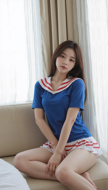 This is a high definition and detailed professional portrait photograph featuring a bronze woman with dark complexion in a sitting pose. She sits cross-legged with her hands resting on her thighs, head tilted slightly forward, and eyes closed. She is wearing SGWN15clothing, a sailor-style outfit wutg blue short-sleeved shirt, a white collar and red stripes and white mini-skirt with red stripes. She wears natural makeup featuring gradient lips and subtle eyeliner. She is at a corner of a hotel room. The sun is coming through the windows on the left side. There are white curtains on the windows. The time of day is midday.<lora:flux\fxyifu\SGWN15clothing_v1_000003700.safetensors:0.85:0.85> <lora:flux\fxchara\jz5_rank8_bf16.safetensors:0.73:0.73>