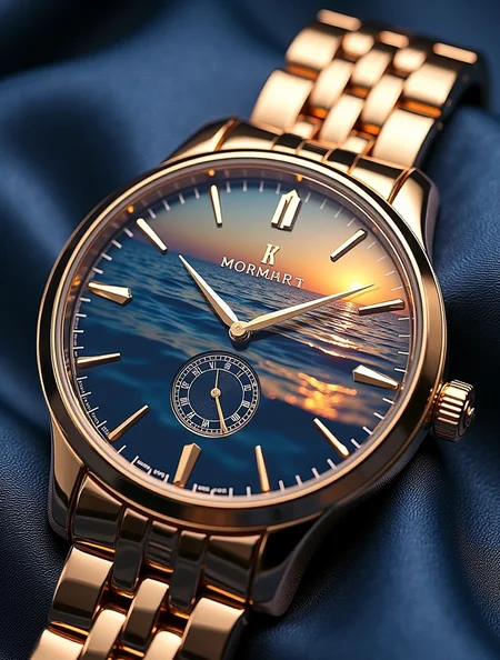 Create a photorealistic concept poster featuring an elegant timepiece. The watch should be the focal point, displayed in a close-up view. The watch face is a high-end, luxury design, featuring intricate gold hands and markers that are sharply detailed. The reflection on the watch face should depict a gentle, golden sunset over a navy blue ocean. The sunset should have soft, warm tones of gold and orange, seamlessly blending into the deep navy blue of the ocean. The ocean's surface should have subtle ripples, catching the last light of the day. The watch is placed on a luxurious, textured navy blue background. The texture should be rich and velvety, enhancing the premium feel of the timepiece. The edges of the watch, particularly the bezel, should have a high-gloss finish, reflecting the surrounding light subtly. The watch band should be made of gold, with each link carefully detailed and polished to a mirror finish.