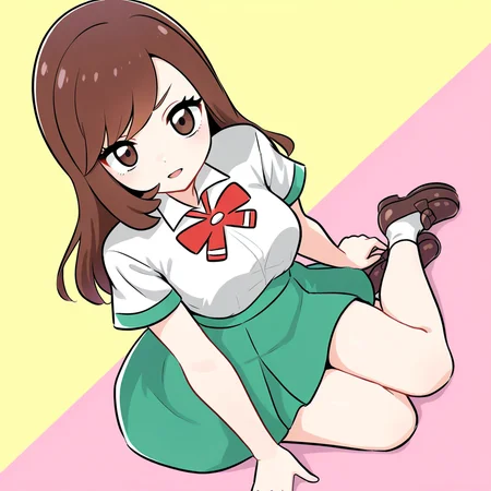 2d, masterpiece, best quality, amazing quality, highres, absurdres, newest, 1girl, solo, sitting, yokozuwari, from above, dutch angle, looking at viewer, multicolored background, simple background, colorful background, medium breasts, lasslgpe, lass \(pokemon lgpe\), brown eyes, brown hair, long hair, bangs, white shirt, collared shirt, short sleeves, red bowtie, green skirt, pleated skirt, miniskirt, white socks, ankle socks, loafers, brown footwear