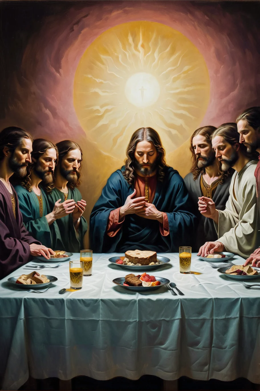 Cosy, Embarrassing, Zen, gilded technique, Light and Bright, Cold Lighting, Deathpunk, Flustered, four colors, ("The Last Supper":1.1) , it is Dreamcore, Dichromatic, Evil, Hypersaturated, Spirals, broad lighting, Pastel Colors, intricate, <lora:Pavel_Sokov:0.8> painting, pavel, sokov
