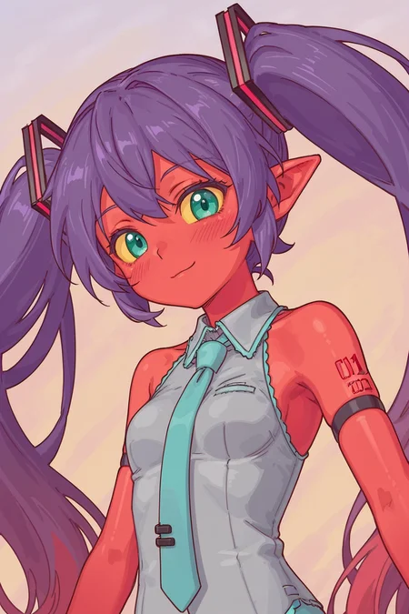 1girl,solo,<lora:Scorpgal-000001:1>,scorpgal,red skin,purple hair,twintails,yellow sclera,green eyes,hatsune miku,pointy ears,