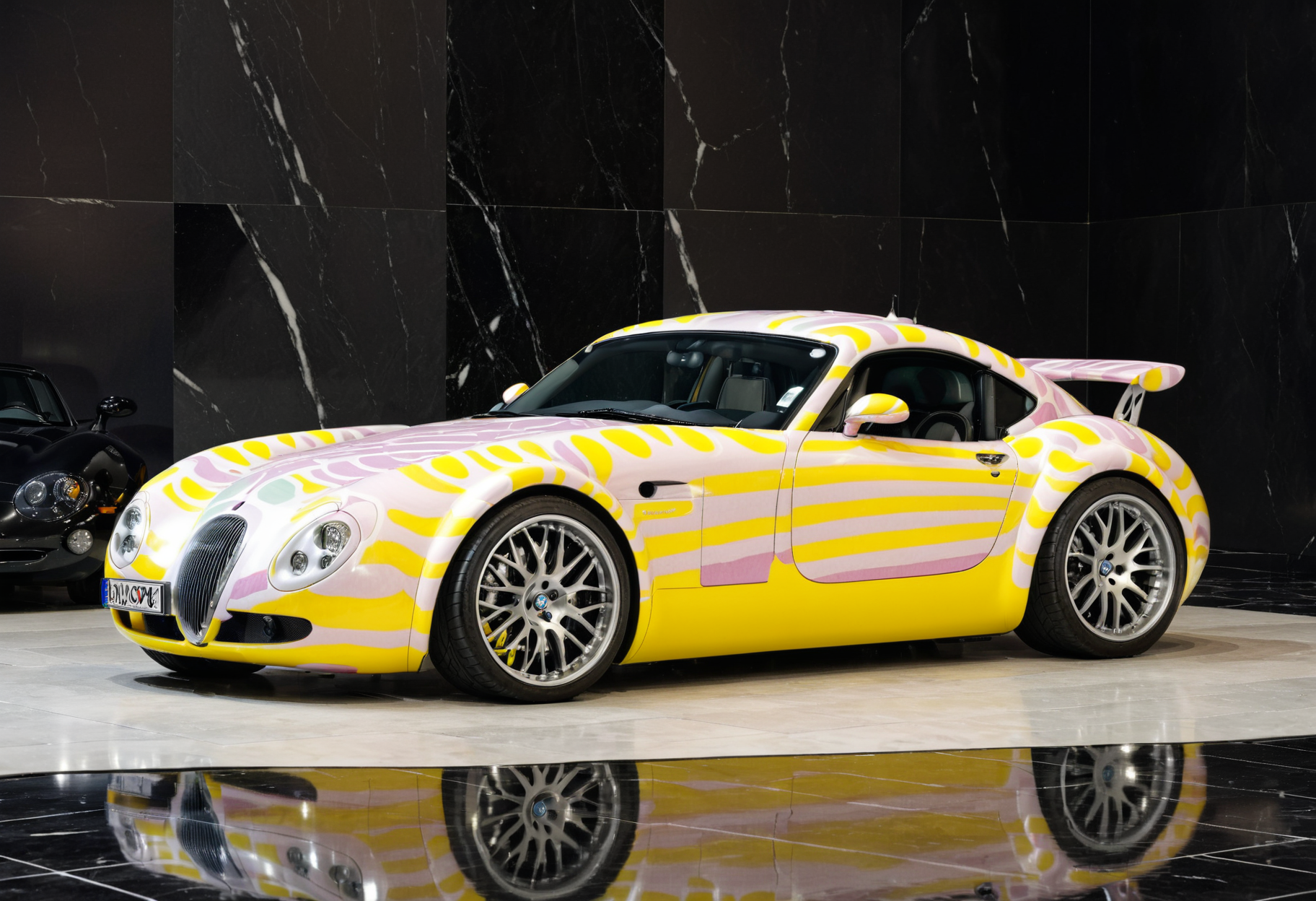 lgcrs,a  car Wiesmann, looking like a Easter Bunny,with aggressive color pattern, oaken wood and blacks,parked on a (black marble surface:1.2),before a silver sphere, easter eggs like pattern
<lora:Retro_Cars-000011:0.8>,
