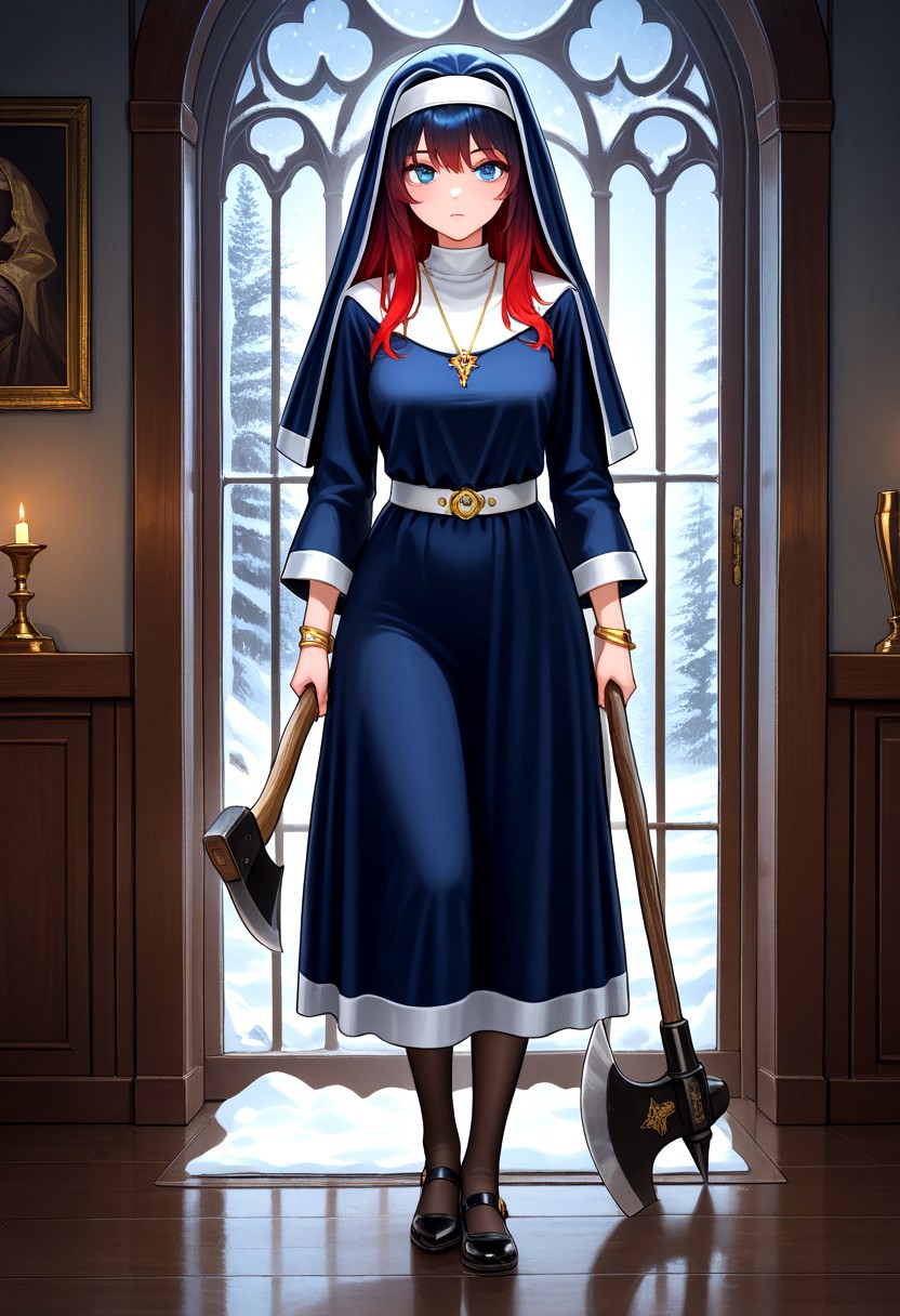 masterpiece, best quality, amazing quality, very aesthetic, absurdres, newest, fayeffl3, 1girl, long blue dress, gold necklace, gold bracelets, blue eyes, white belt, black pump shoes, pantyhose, close up, looking at viewer, axe, holding axe, (red hair, gradient hair:1.4), holding habit, indoors, window, snow,
