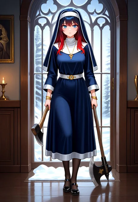 masterpiece, best quality, amazing quality, very aesthetic, absurdres, newest, fayeffl3, 1girl, long blue dress, gold necklace, gold bracelets, blue eyes, white belt, black pump shoes, pantyhose, close up, looking at viewer, axe, holding axe, (red hair, gradient hair:1.4), holding habit, indoors, window, snow,