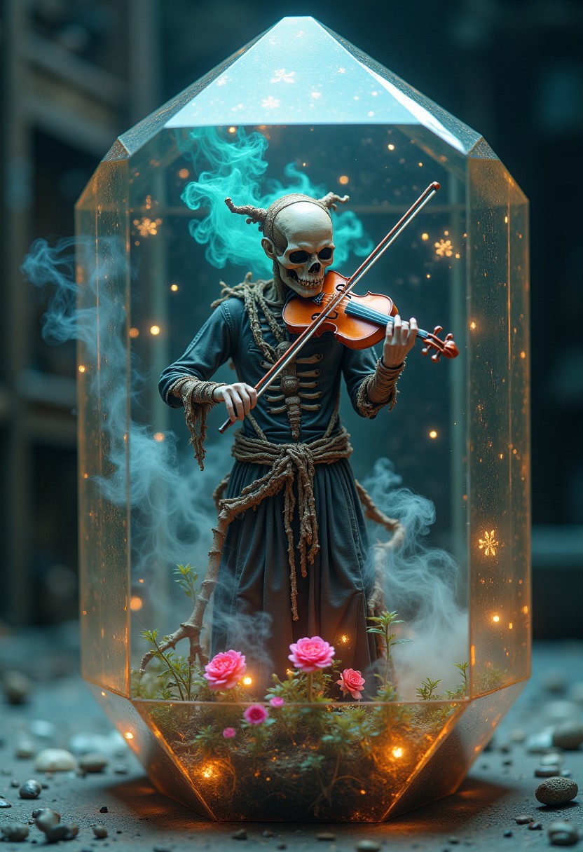 masterpiece, 8k, HDR, 3 D, best quality, photography, analog style, real life, extremely beautiful, (highly detailed, intricately detailed), A detailed close-up of an alien data crystal, a transparent, multifaceted object that refracts light in all directions. Inside the crystal, a miniature decaying zombie violinist with shredded clothing, half of his face gone to reveal a glowing skull beneath, playing a violin that appears to be made of bones and vines, the strings emitting iridescent notes in teal and magenta hues, smoke rising from the violin in the shape of flowers.