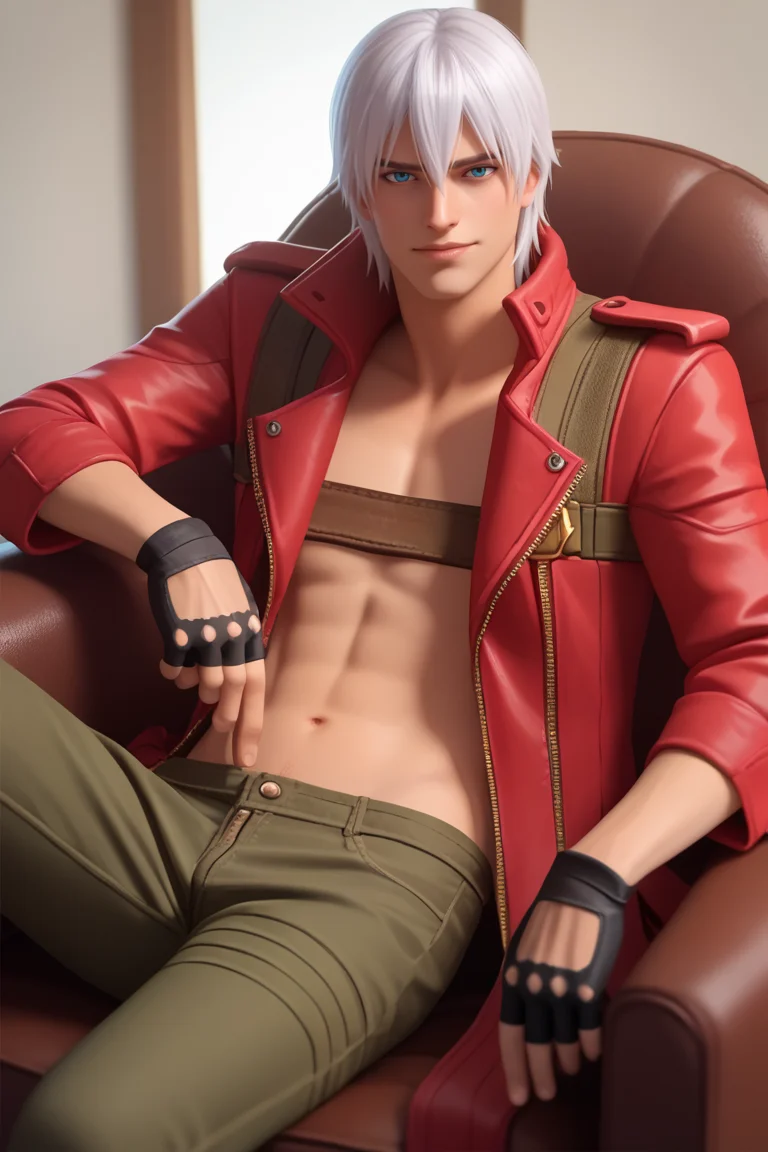 score_9, score_8_up, score_7_up, BREAK, <lora:owc-guy-PONYv1:1>, 1boy, solo, <lora:dmc3_dante_ponyXL:0.9> dmc3dante, red coat, bandeau, fingerless gloves, pants, sitting, lounging, legs on table, looking at viewer, chair, toned,