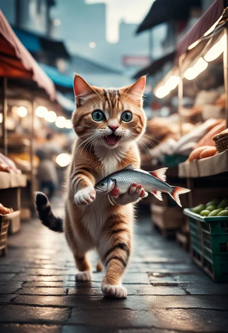 Cinematic still of cat holding fish with paws,  running away in a market. . Shallow depth of field,  vignette,  highly detailed,  high budget,  bokeh,  Cinemascope,  moody,  epic,  gorgeous,  film grain,  grainy