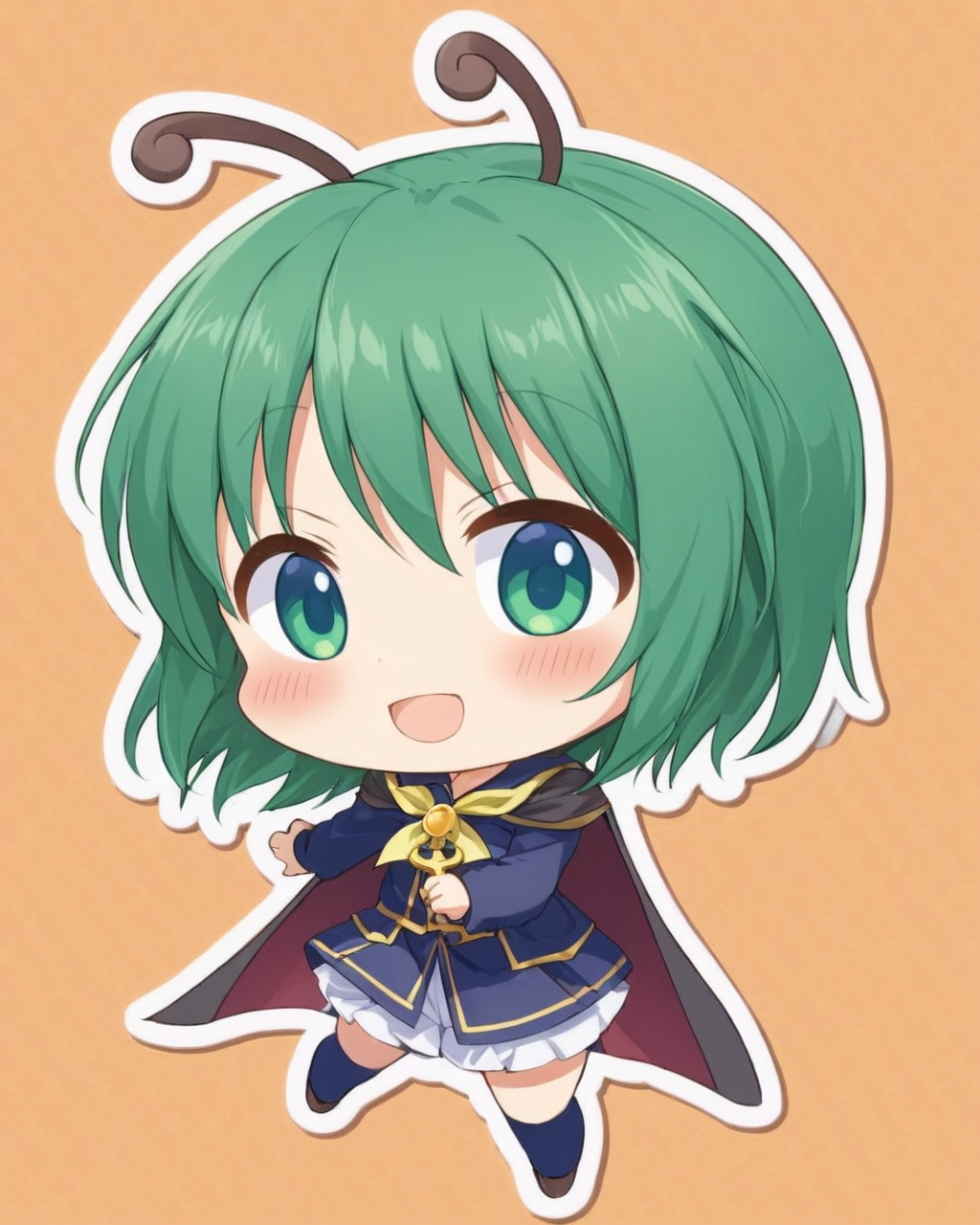 wriggle nightbug,1girl, solo, antennae, cape, open_mouth, chibi, smile, blush_stickers, blush
<lora:wriggle_nightbug_image3698_2023-12-11-000006:1>,star-shaped_pupils,symbol-shaped_pupils,. gorgeous,key visual, vibrant, studio anime,award-winning, professional, highly detailed,high budget, cinemascope