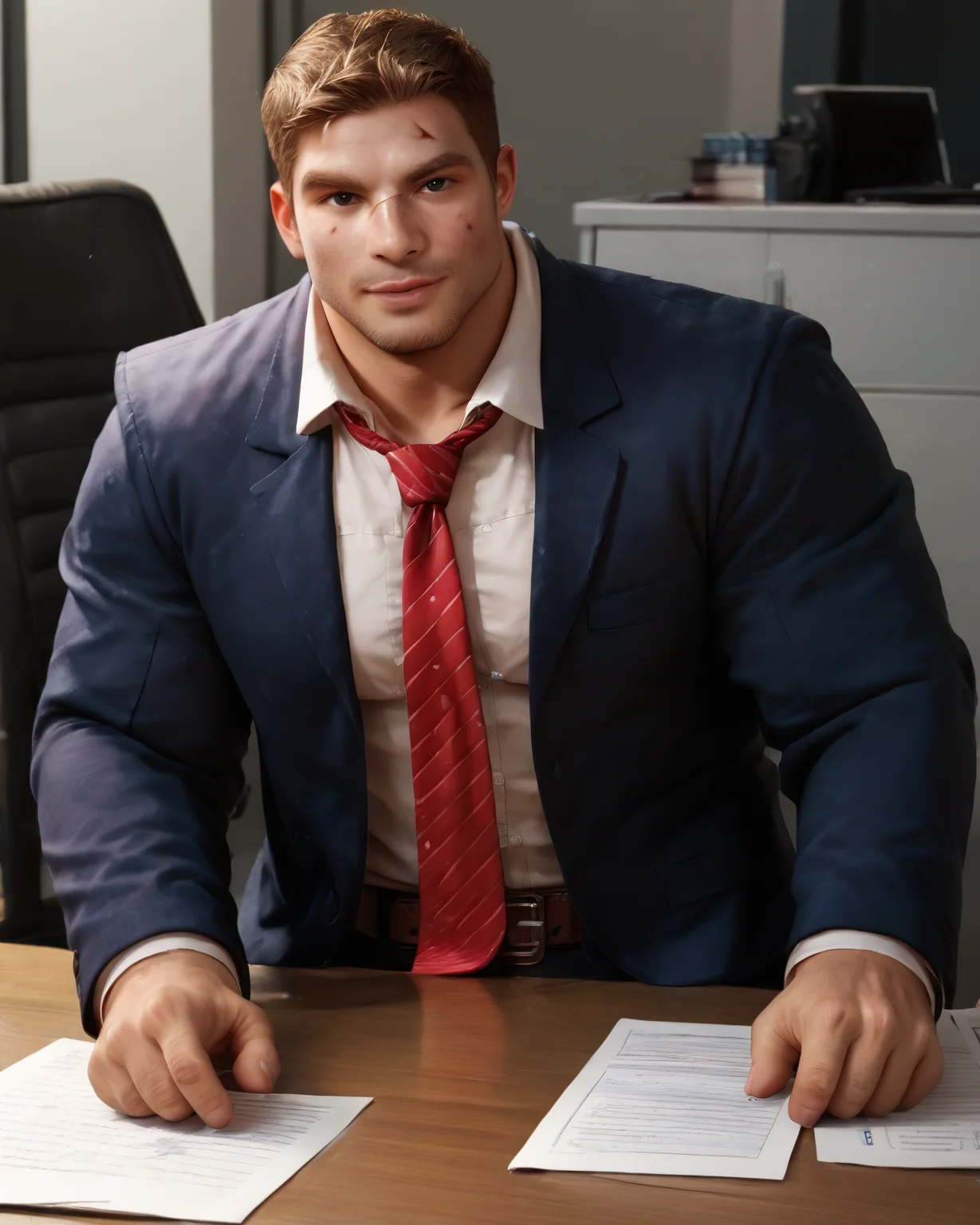 <lora:JD_Fenix_PonyXL-10(1):0.95> jd_fenix, suit, formal, tie, office, daytime, short hair, brown hair, muscular, chubby, bara, scar, score_9, score_8_up, score_7_up, score_6_up,