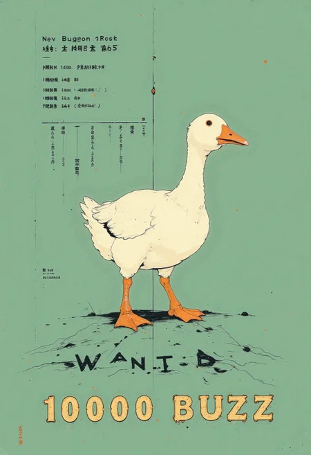 A flat, humorous graphic illustration of a goose standing in a simple diagram-style pose, with clean lines and a green background. The goose has white feathers, orange legs, and a calm stance. Replace all the text and labels with the phrase "Wanted: 10000 BUZZ" written in bold, stylized lettering across the bottom of the image. Maintain the simplicity of the design while emphasizing the central goose figure with no additional elements.