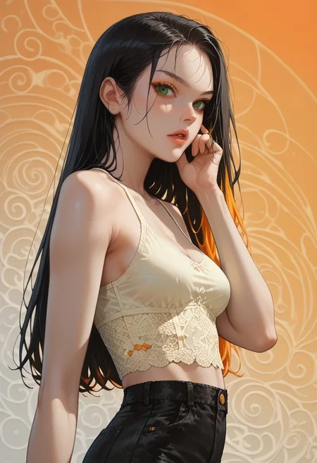 Solo, multicolored hair, Very long black hair with orange streaks, a lot of orange streaks, silk like hair, bright green eyes, pale clean skin, ((medium perky breasts)), perfect eyes, detailed background, home, (bralette, (yellow) laced top) , denim pants, parted lips, playfull expression, one hand on own cheek, cowboy shot, Dutch angle