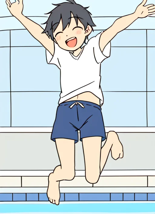 <lora:cartoony:0.8>
flat color, 
1boy, happy, jumping into pool, swimming shorts, summer, no shoes,