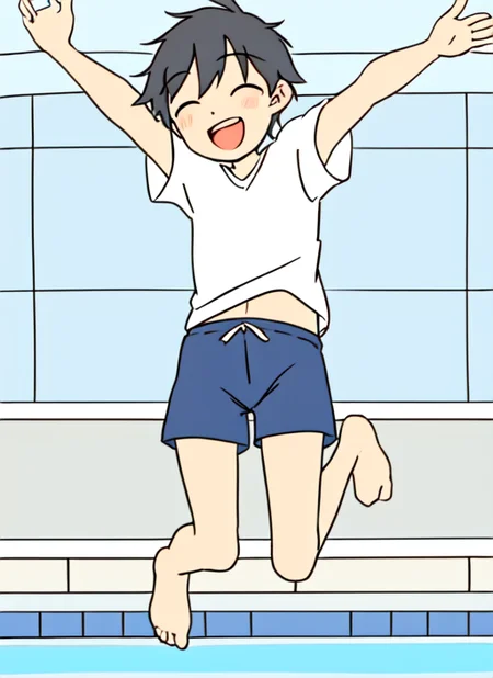 <lora:cartoony:0.8>
flat color,
1boy, happy, jumping into pool, swimming shorts, summer, no shoes,
