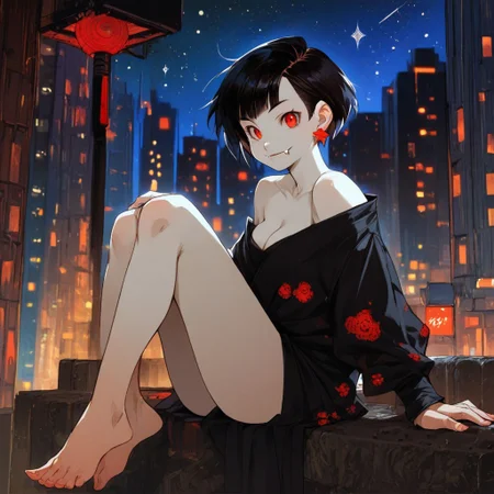 score_9, score_8_up, score_7_up, score_6_up, score_5_up,  zPDXL2, 1girl, solo, pale skin, cute, red eyes, black hair, short hair, bangs, cleavage, 2 fangs, earrings, legs, feet, mid drift, city, night, stars, sitting, legs, sexy legs,