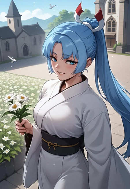 score_9, score_8_up, score_7_up, source_anime, close shot, Saki Ryozo, blue hair, ponytail, blue eyes, long hair, breasts, sidelocks, curtained hair, parted lips, happy, smirk, blushed, ((kimono marriage dress)), from above, ((cowboy shot)), half-closed eyes, holding flowers, outside, church, white birds, garden, particles