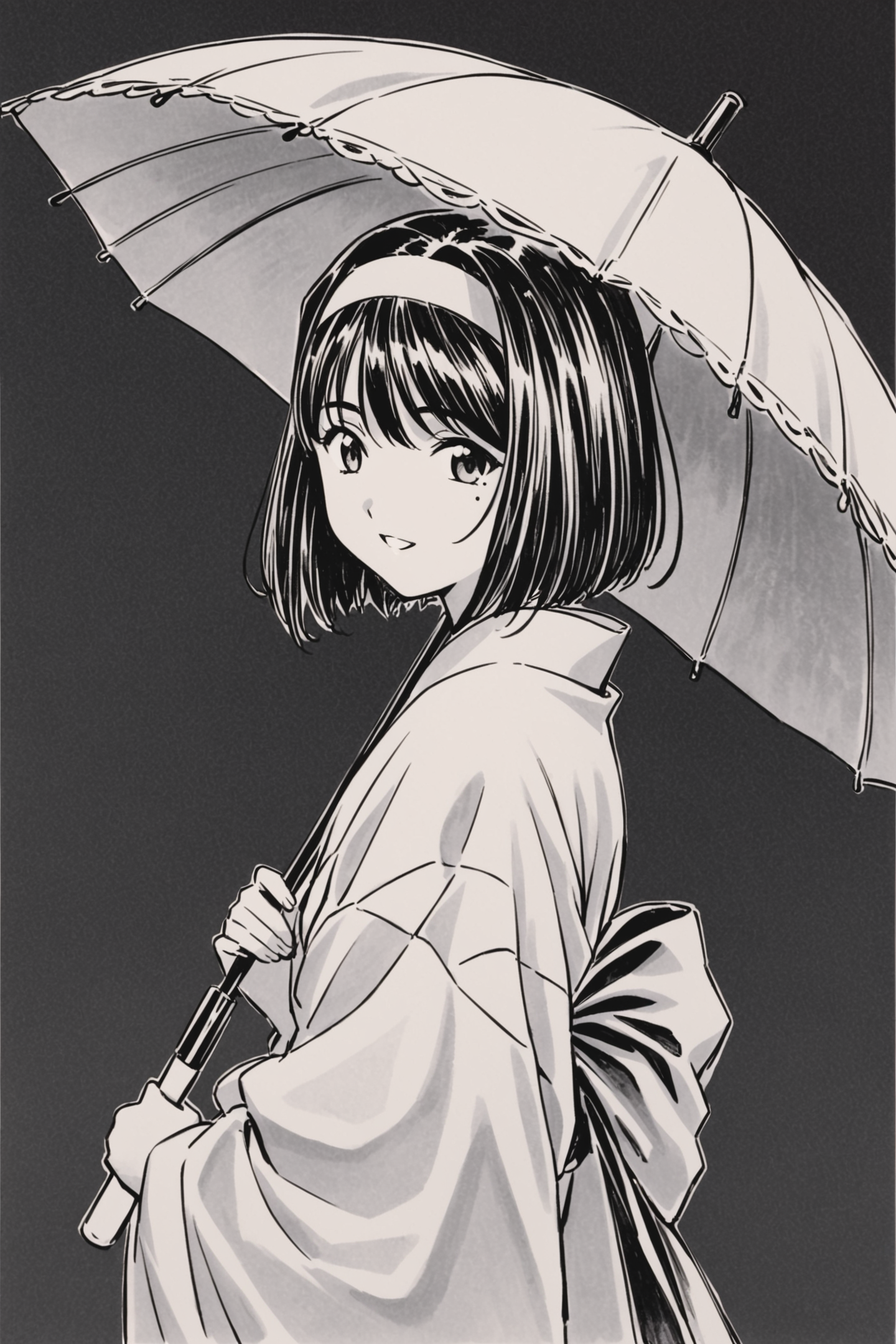 Kanzaki Sumire,1girl,solo,monochrome,umbrella,hairband,holding,japanese clothes,looking at viewer,holding umbrella,traditional media,kimono,greyscale,wide sleeves,upper body,bangs,smile,short hair,simple background,sash,long sleeves,parted lips,from side,bow,mole under eye,parasol,looking to the side,obi,<lora:Sakura Wars_XL:0.8>,