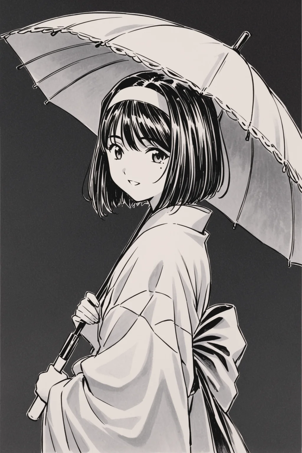 Kanzaki Sumire,1girl,solo,monochrome,umbrella,hairband,holding,japanese clothes,looking at viewer,holding umbrella,traditional media,kimono,greyscale,wide sleeves,upper body,bangs,smile,short hair,simple background,sash,long sleeves,parted lips,from side,bow,mole under eye,parasol,looking to the side,obi,<lora:Sakura Wars_XL:0.8>,