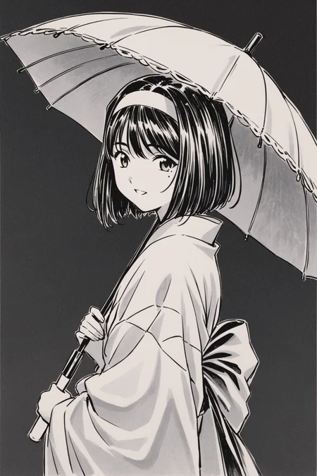 Kanzaki Sumire,1girl,solo,monochrome,umbrella,hairband,holding,japanese clothes,looking at viewer,holding umbrella,traditional media,kimono,greyscale,wide sleeves,upper body,bangs,smile,short hair,simple background,sash,long sleeves,parted lips,from side,bow,mole under eye,parasol,looking to the side,obi,<lora:Sakura Wars_XL:0.8>,