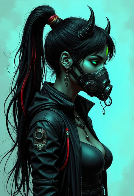 , Cyberpunk art style:
A dark-skinned female figure is depicted in profile, from the side, with a high ponytail and long black hair tied back. Her eyes glow with an otherworldly intensity, illuminated by a soft blue background that seems to pulse with energy. She wears a sleek jacket adorned with mechanical parts, a respirator mask covering her nose and mouth, and a tube-like appendage running along her neck. A pair of small breasts are subtly defined beneath the jacket. Her dark skin is accentuated by a green glow emanating from fake horns protruding from her forehead. Multicolored streaks run through her ponytail, adding a pop of vibrant color to the otherwise muted palette. A delicate necklace and earrings adorn her neck and ears, respectively.